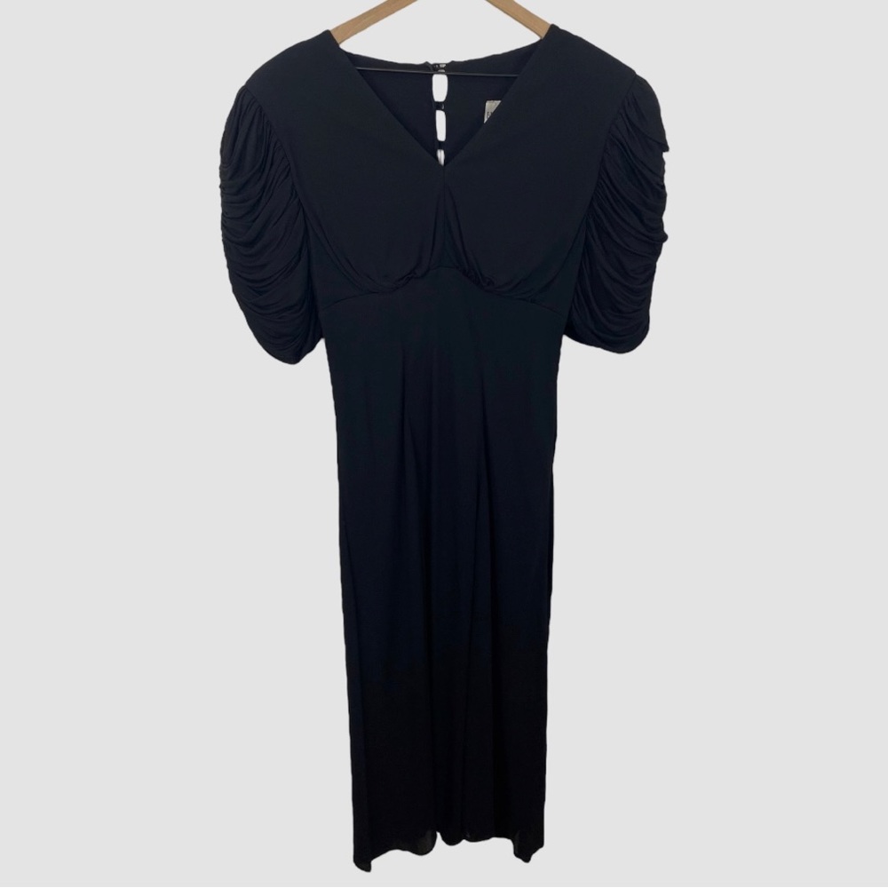 Vintage Hidy Misawa London Black Dramatic Ruched Sleeve Midi Dress